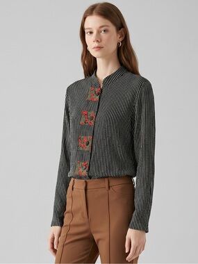 Marla Duran Artsy Striped Black Button-Up Blouse with Red Floral Accents small